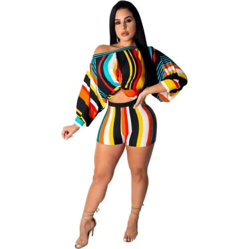 Hot Sale Multicolor Striped 2 Piece Set Women Long Puff Sleeve Crop Top and Shorts Two Piece Set Conjuntos De Mujer Plus Size