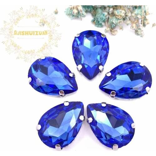 HOT!!! Light Sapphire Water drop shape Glass Crystal sew on rhinestones with four claw Diy Clothing accessories Free shipping