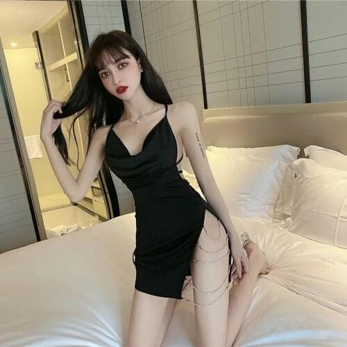 Fashion Women chain halte suspender Solid Spaghetti Straps Backless Sleeveless Club Party Sexy Dresses Casual summer dress
