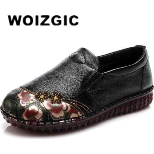 DONGNANFENG Womens Ladies Mother Female Genuine Leather Shoes Flats Loafers Slip On Flowers Spring Ethnic Style Moccasins Mujer