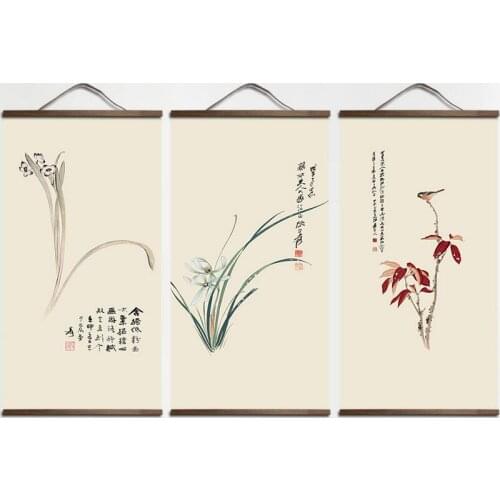 Chinese style landscape Green plants Art Canvas poster decoration painting with solid wood hanging scroll
