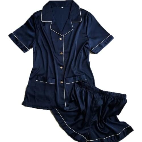 Short Pants + Short Sleeve Tops Free Shipping Two Pieces Pajamas Sets Silk Satin Nightwear High Quality Pink Blue White Color