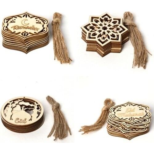 10pcs Wood Eid Mubarak Pendants Ramadan Dropping DIY Hanging Decoration Hajj Mubarak Party Supplies Moon Eid Al-Fitr Decor