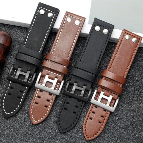 20mm 22mm Genuine Leather Strap for Hamilton Watch Band Rivet Men Military Pilot Khaki Field Aviation Wrist Bracelet for Seiko