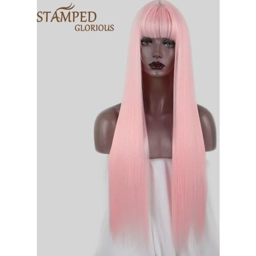 Stamped Glorious Synthetic Pink Wigs with Bangs Long Straight Natural Silky Straight Wigs for Black Women Heat Resistant Fiber