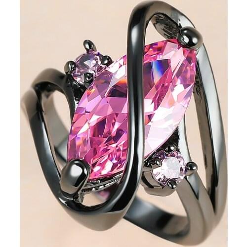 Vintage Female Pink Crystal Stone Ring Charm 14KT Black Gold Wedding Rings For Women Luxury Bride Leaf Zircon Engagement Ring