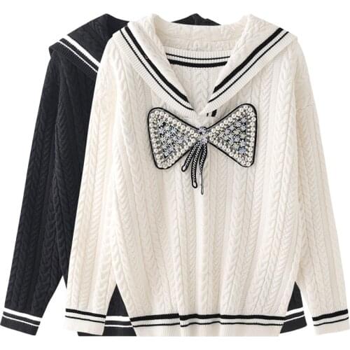Japanese Soft Girl Kawaii Knit Top Women 2021 Autumn Winter Sailor Collar Bowknot Beading Design Sweater White Black pull femme