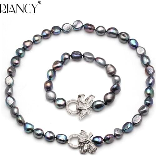 Pearl Jewelry sets Natural Freshwater Baroque Pearl Necklace Bracelets sets 9-10mm black Choker For Women