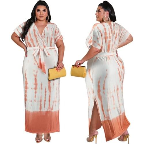 Sexy Boho Long Maxi V-neck Printed Dress Women Split Elegant Plus Size XL~5XL Short Sleeve Dresses Robe Femme Casual Vestido