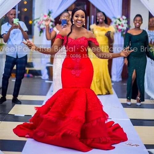 Red Long Tiered Mermaid Evening Dresses With Appliques Beads Off Shoulder Women Evening Dress Formal Vestidos