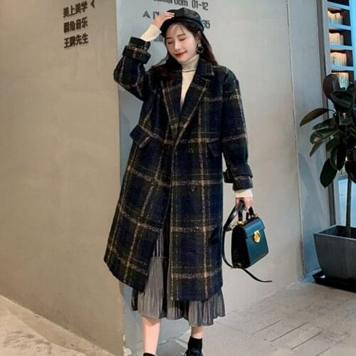 Womens Plus Size Lattice Woolen Jacket Winter Double Breasted Long-Sleeve Thicken Overcoat Autumn Fashion Mid-Length Coat Z617