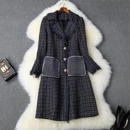 Runway Fashion Winter Tweed Woolen Jackets and Coats Women 2019 Turn Down Neck Plaid Vintage Long Wool Blend Overcoat Outerwear
