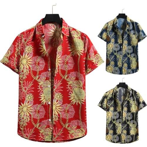2021 Men Summer Shirt Floral Chains Print Turn-Down Collar Short Sleeves Single-Breasted Blouse for Boys 3 Colors Plus Size