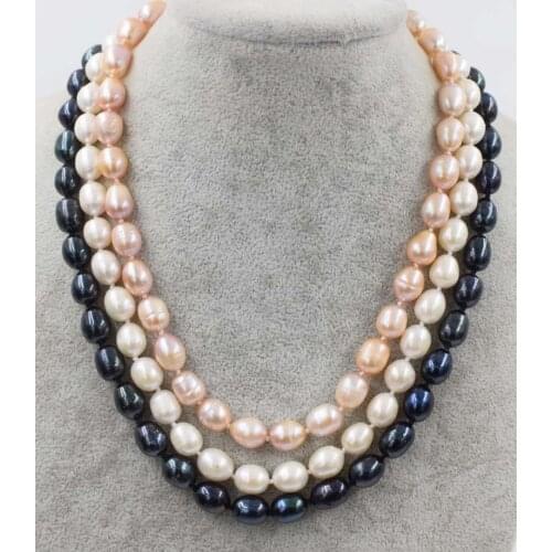 3rows freshwater pearl egg pink white black 7-13mm necklace 17-19" nature FPPJ wholesale beads