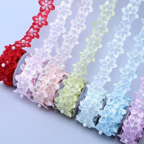 3D Organza Flower Lace Trim Beaded Appliqu 3.3cm Single Layer Petal Ribbon Embroidered Fabric Sew Craft DIY Handmade Cloth Tape