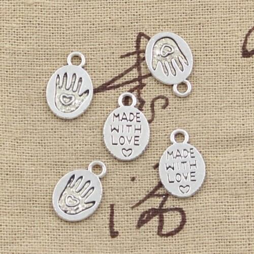 40pcs Charms Hand Made With Love 15x10mm Antique Silver Color Plated Pendants Making DIY Handmade Tibetan Silver Color Jewelry