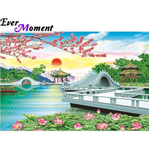 Ever Moment Diamond Painting Lotus Lake Bridge Tree Flower 5D DIY Picture Of Rhinestone Diamond Embroidery Cross Stitch ASF1783