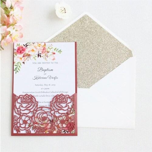 Burgundy rose laser cut invitations pocket with glitter envelop offer personalized printing wedding supply