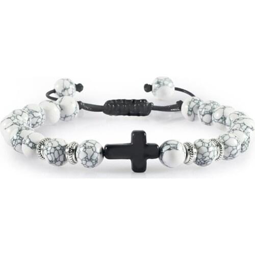 8mm Beaded Charms Bracelet Men Adjustable Cross Natural Tiger Eye Black White Stone Woven Rope Yoga Bracelets for Women Jewelry