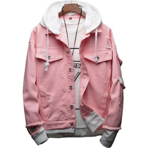 Men Autumn Hooded Denim Jackets Pink Jean Coats Good Quality Men Cotton Holes Denim Coats Fashion Jean Jackets Size 3XL
