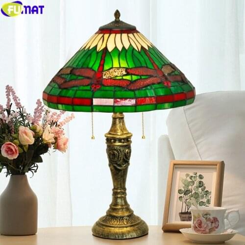 FUMAT Tiffany Style Dragonfly Desk Lamp Lampshade Muilticolor Stained Glass Table Light Arts House Decor Lighting Alloy Frame
