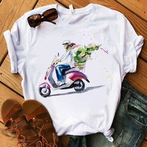 Womens T-shirt Summer Floral Locomotive T-shirt Graphic O-Neck Top Womens Print Casual Short Sleeve Womens Aesthetic T-shirt