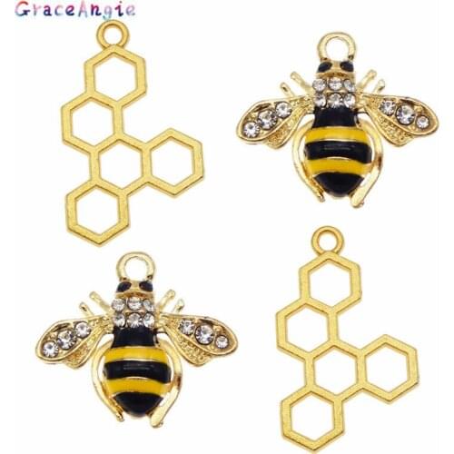 6pcs honey comb and bee Charms Enamel Necklace Pendant Crystal Gold Animal Bracelet Handmade DIY Jewelry Earrings Accessories