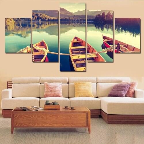 Hd Art Poster Lake and Boat Scenery Print Canvas Painting Modern Home Wall Decoration Picture Five-Piece Modular Mural Frameless