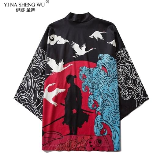 Harajuku Print Crane And Wave Kimono Japanese Traditional Clothes for Men Women Loose Robe Streetwear Cardigan Haori Obi