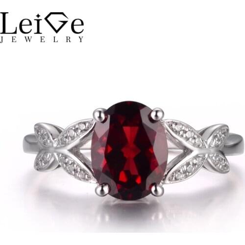 LeiGe Jewelry Oval Shape Garnet Rings Wedding Rings January Birthstone Rings Red Gemstone Ring 925 Sterling Silver Simple Rings