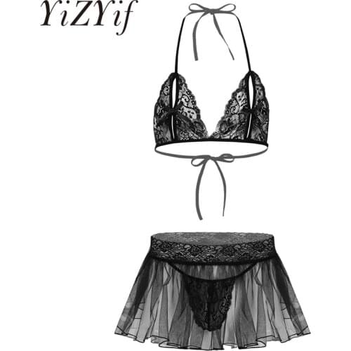 Men Sissy See Through Sheer Lace Lingerie Set Halter Nipple Split Bra Top Mini Flared Skirt with G-string Thongs Gay Underwear