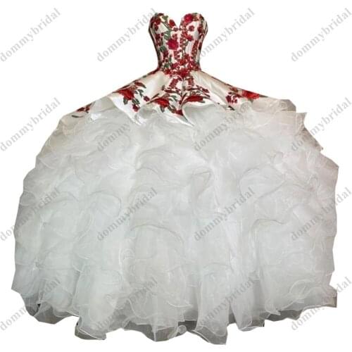 Beautiful Red Floral Flowers and White Ruffles Quinceanera Prom Formal Dresses 2021 Sweetheart Satin Corset Mexican Charro XV