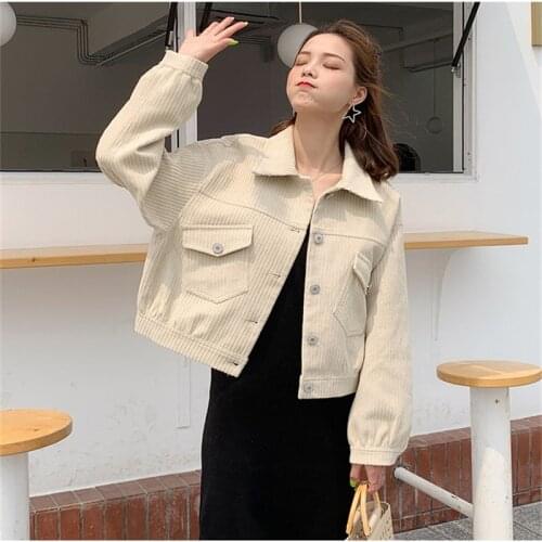 Women Spring Autumn Corduroy Short Jacket Girl Harajuku Lapel Solid Color long Sleeve Coat Female Loose Single-Breasted Tops