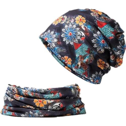 Ldslyjr 2021 Autumn Winter Print Flower Cotton Skullies Cap Beanie Hat Turban Hat Scarf Dual Use for Men and Women 25