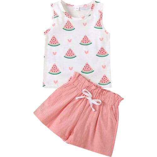 Baby Girls Summer Clothes, Sleeveless Cartoon Fruit Print T-Shirt + Elastic Shorts 2PCS Outfits Set