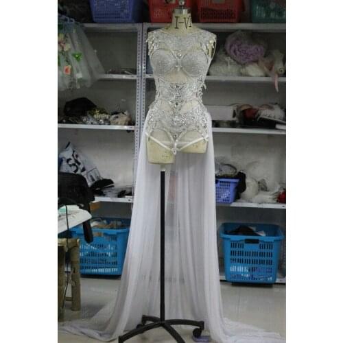 Perspective Silver Paillette bodysuit costumes set Women One piece dress female singer jazz dance stage wear Clearance