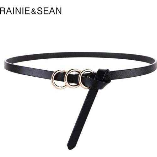 RAINIE SEAN Black Women Belt Fashion Self Tie Waist Belt Genuine Leather Knot Thin Strap Ladies Belt for Dresses Accessories