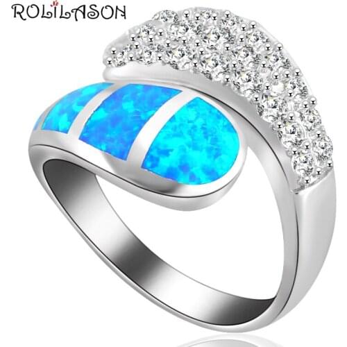 ROLILASON Shining Zircon Design Wonderful Blue Fire Opal Silver Gifts Fashion Jewelry Rings USA Size #6#7#8#9#10 OR873