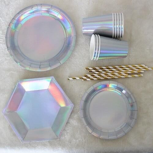 Silver Iridescent paper plate cup disposable tableware sets baby shower event party supplies birthday party supply wedding decor