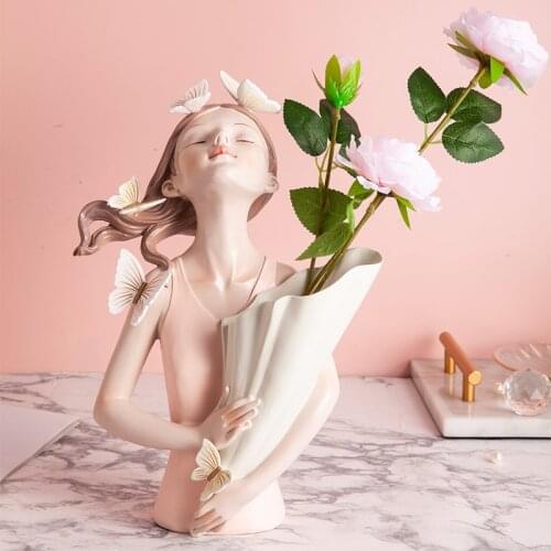 Resin Fairy Girl Sculpture Statue Vase Living Room Decoration Accessories Desktop Figurine For Interior Glamour Large Craft Gift