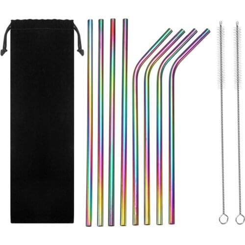 Stainless Steel Straw Rainbow Multi-Colored Stainless Steel Reusable Drinking Straw Brush Bag Set For 20oz Tumblers Rumblers Col