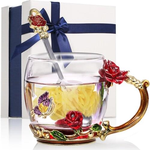 320ml/350ml Enamel Flower Glass Cup Class Mugs Heat Insulation Tea Clear Cups Coffee Drinkware Drink Cups With Spoon Clean Cloth