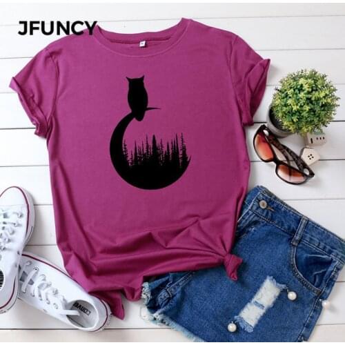 JFUNCY 2020 Owl Printed Women T-shirt Summer Tshirt Plus Size 100% Cotton T Shirt Woman Short Sleeve Tee Top Female T-shirts