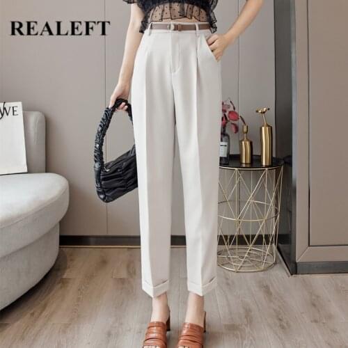 REALEFT New Spring 2020 Korean OL Style Women Formal Straight Pants Pockets High Waist Elegant Office Lady Ankle-Length Pants