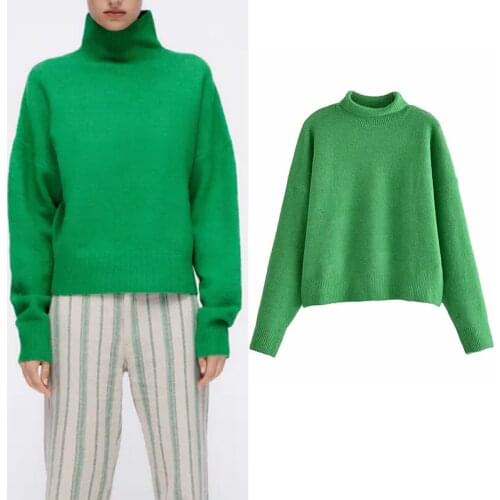 WESAY JESI Za Women Pullovers 2021 Green Knitted Pullover Sweater Women Long Sleeve Knitted Tops Chimney Collar Jumpers Sweater