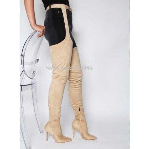 Woman Suede Conjoined Belt Wasit Pants Long Boots Sexy Pointed Toe Thin Heel Over the Knee Boots Lady Large Size Thigh High Boot
