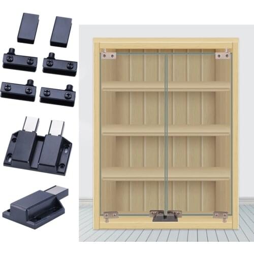 2 Sets Glass Door Hinges and Push to Open Swivel Rotation Axis Clamps Stainless Steel Showcase Cabinet Hinge Clips Double/Single