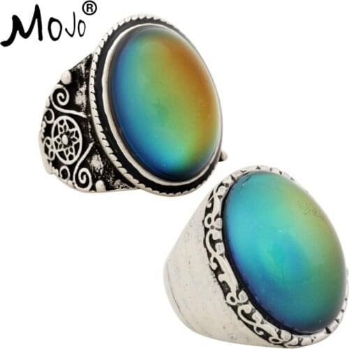 2PCS Antique Silver Plated Color Changing Mood Rings Changing Color Temperature Emotion Feeling Rings Set For Women/Men 004-026