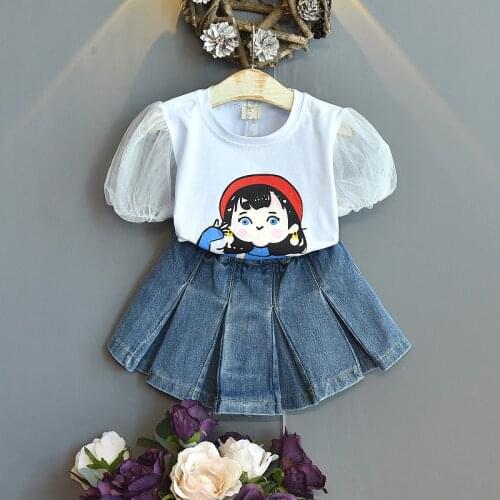 2021 Summer Girls Casual 2pcs Suit Baby Kids Children Clothing Set Inlcuding T-shirt+ Jeans Skirt