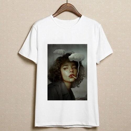 Abstract girl Smoking Print t shirt women aesthetics Short Sleeve t-shirt White Korean Tshirt Female Tops Harajuku Graphics Tee